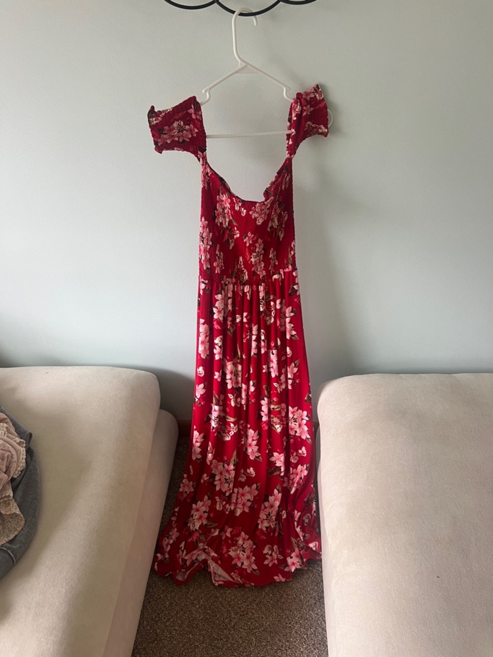 Floral Red Maxi Dress with Puff Sleeves